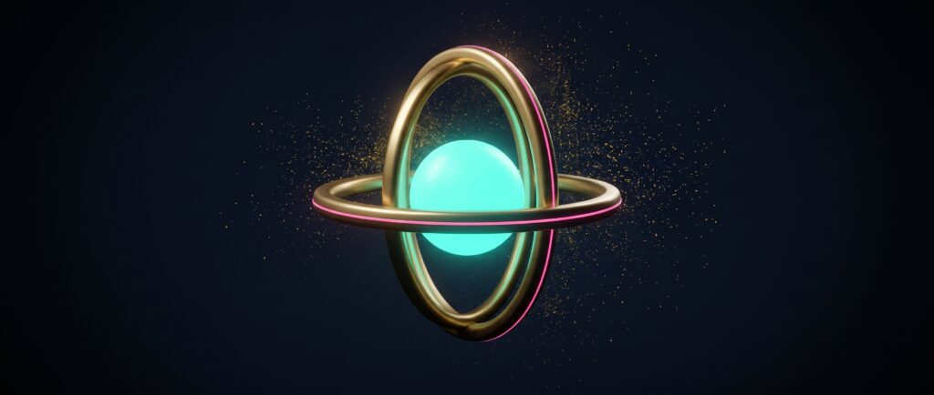 Turquoise sphere held in gold gyroscope rings with a pink edge line on dark blue, Evolve Albert image