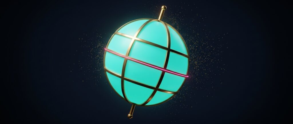 Turquoise globe on a tilted gold axis with gold bands and a pink equator line on dark blue, Evolve Popper image