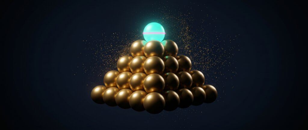 Pyramid of gold spheres with a turquoise apex and pink equator line on dark blue, Evolve Franklin image