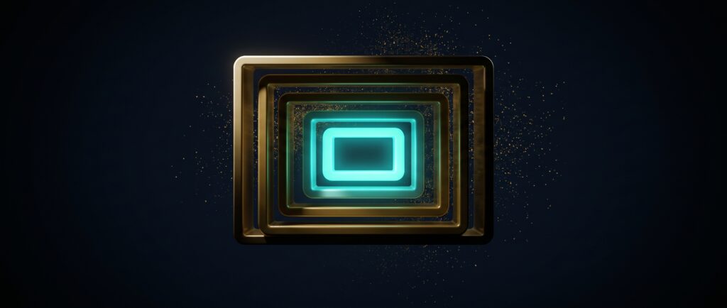 Nested gold frames with a glowing turquoise centre on dark blue, Evolve abstract article image