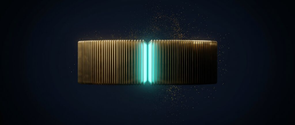 Stack of gold plates fanning open around a turquoise light on dark blue, Evolve abstract article image