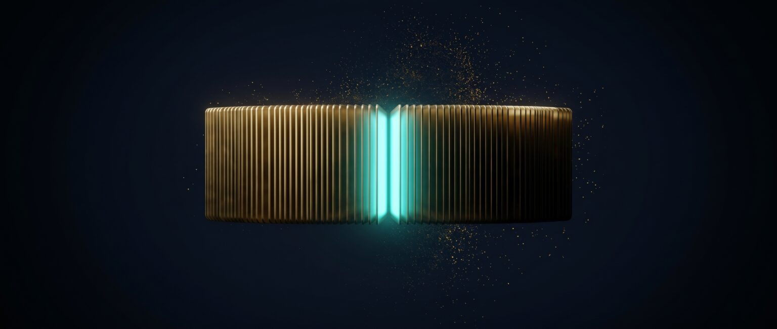 Stack of gold plates fanning open around a turquoise light on dark blue, Evolve abstract article image