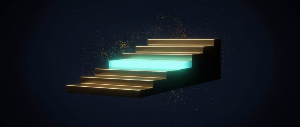 Flight of gold steps with one turquoise glowing step on dark blue, Evolve abstract article image