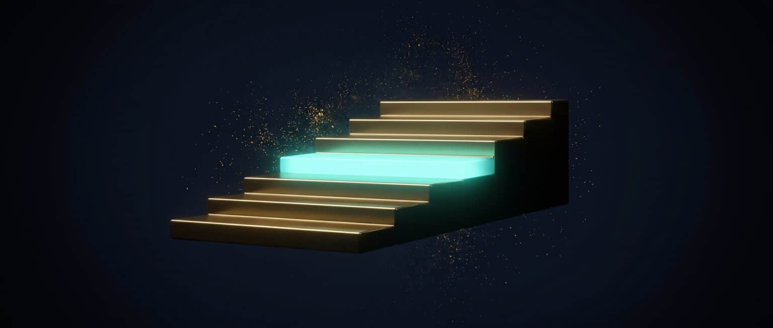 Flight of gold steps with one turquoise glowing step on dark blue, Evolve abstract article image