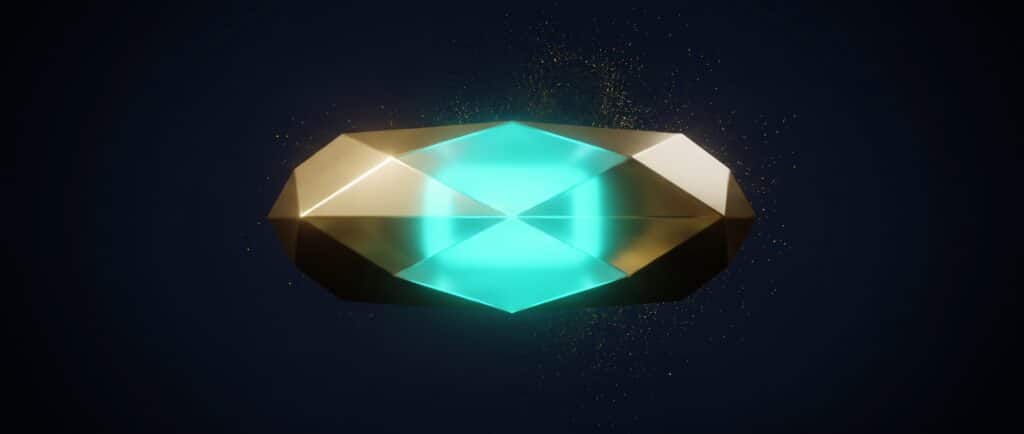 Single cut gold stone glowing turquoise at its heart on dark blue, Evolve abstract article image