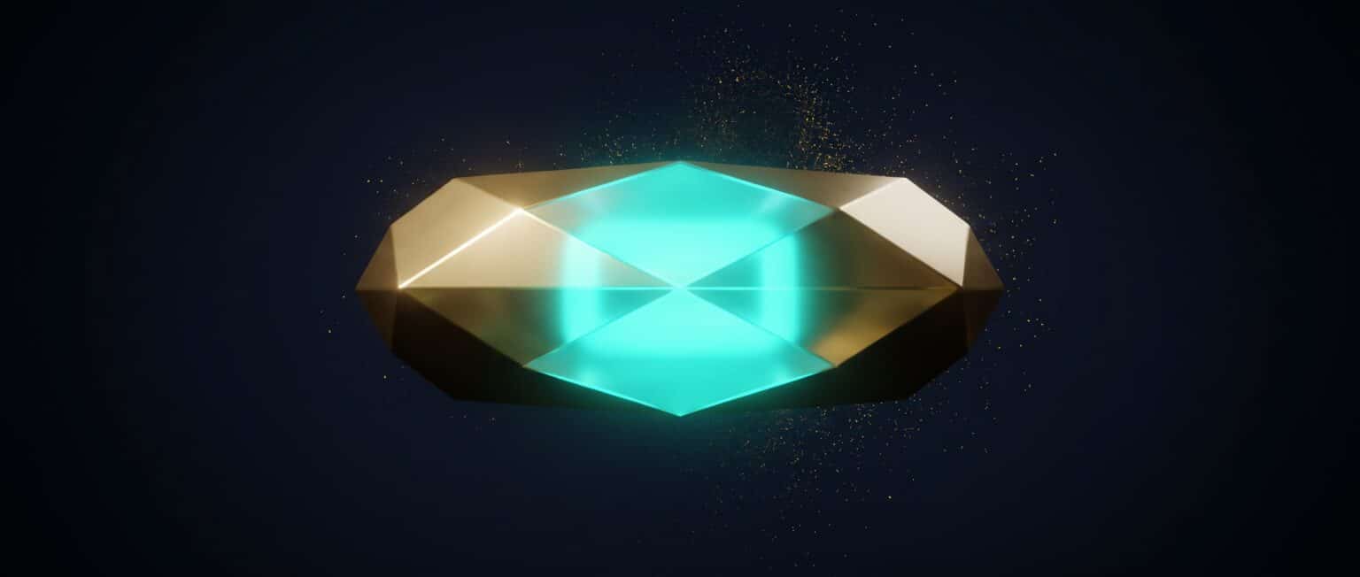 Single cut gold stone glowing turquoise at its heart on dark blue, Evolve abstract article image