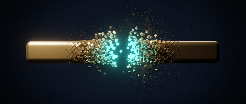Gold bar dissolving into turquoise fragments at its centre on dark blue, Evolve abstract article image