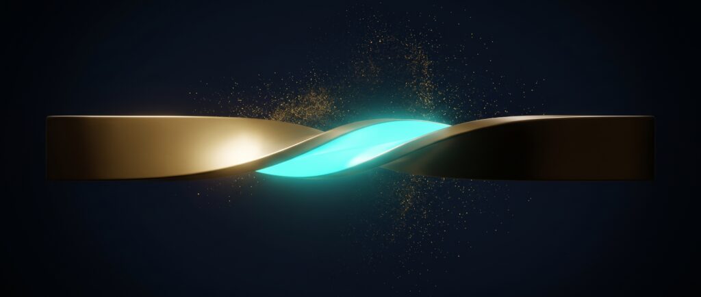 Gold ribbon twisting once to reveal a turquoise underside on dark blue, Evolve abstract article image