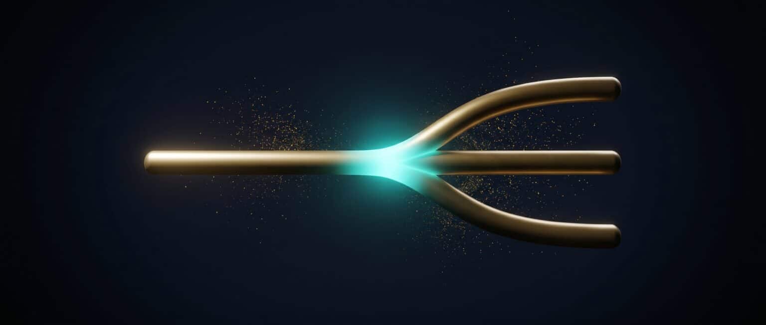 Gold band splitting into three branches at a turquoise junction on dark blue, Evolve abstract article image