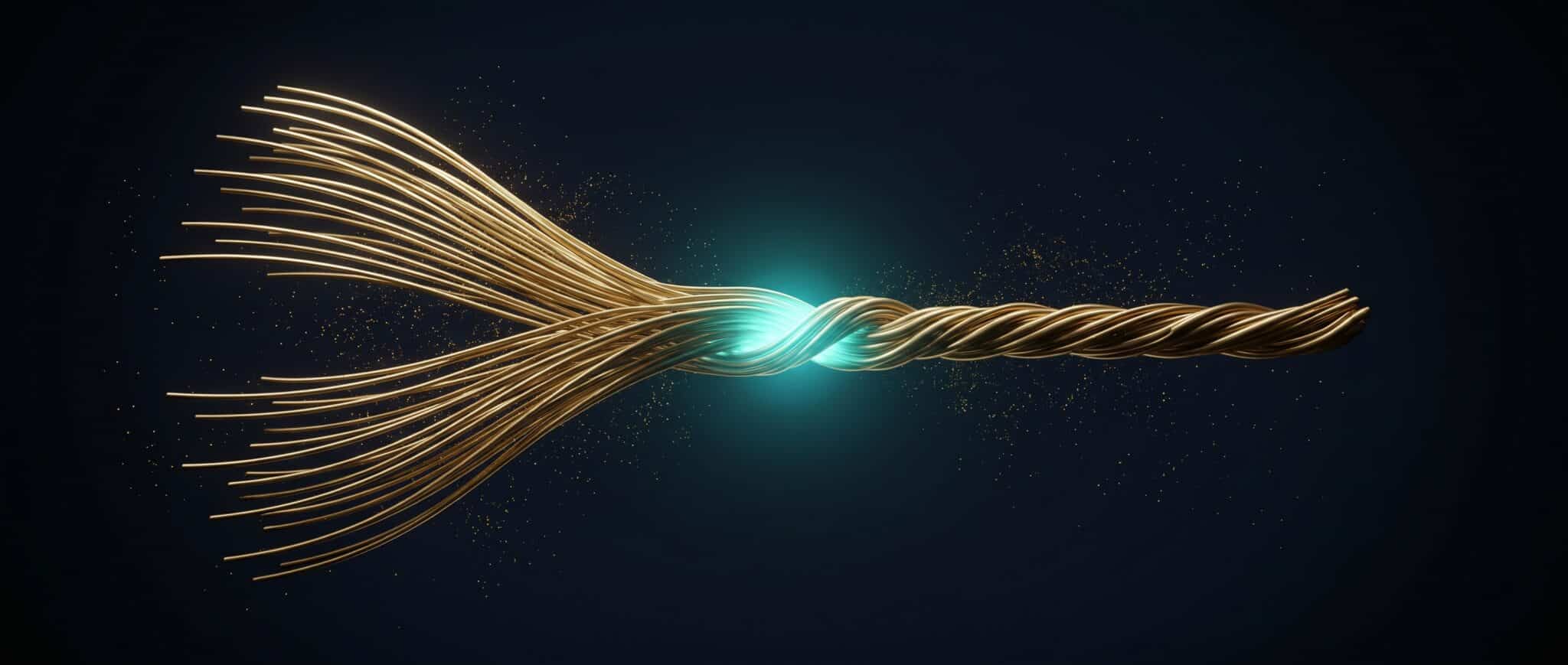 Gold strands braiding into one cord with a turquoise join on dark blue, Evolve abstract article image