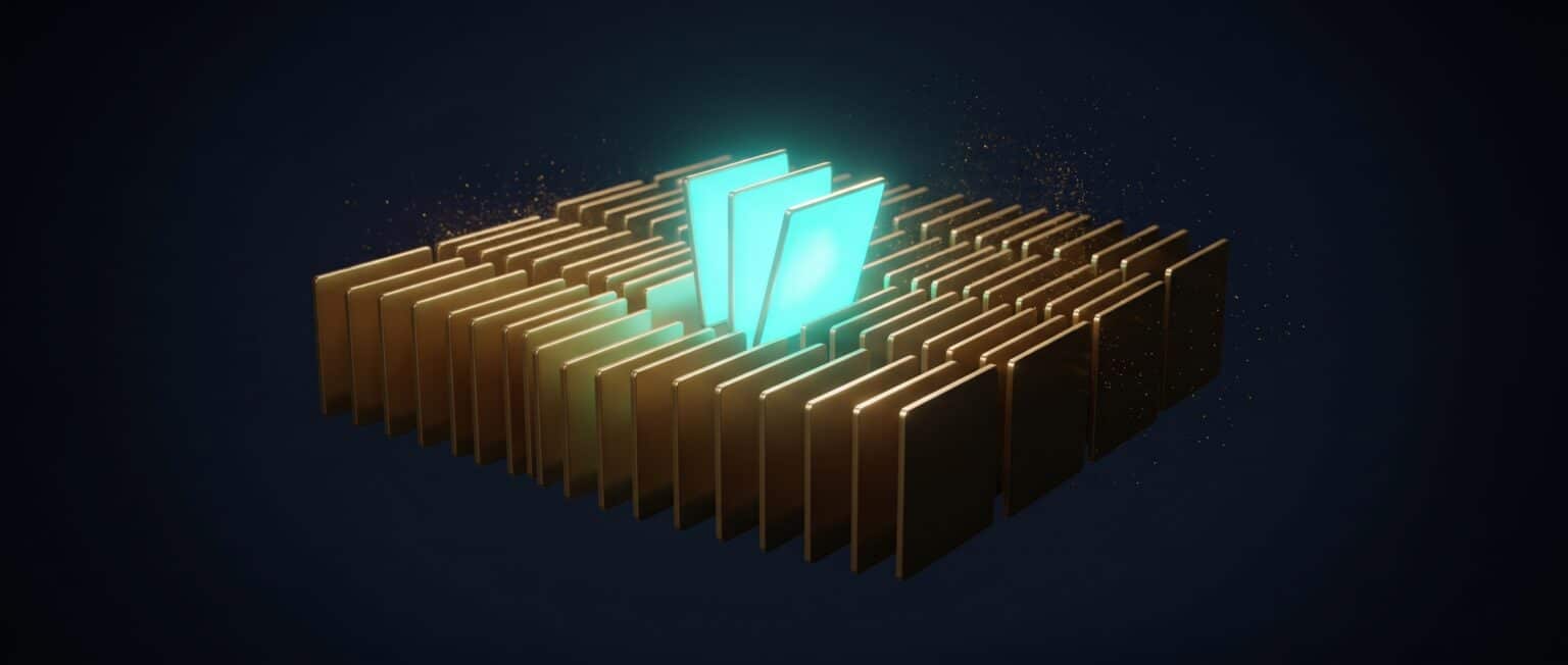 Ordered block of gold plates with three turquoise plates lifted out on dark blue, Evolve abstract article image