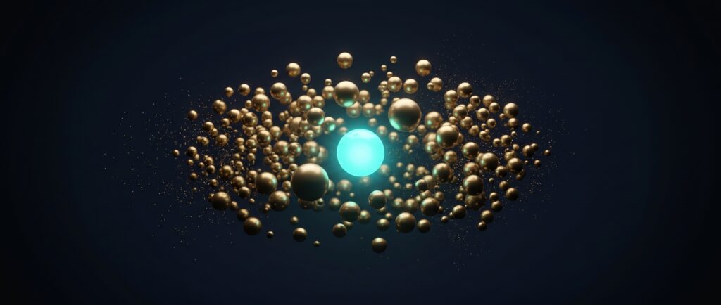 Swarm of gold spheres with one large turquoise sphere at the centre on dark blue, Evolve abstract article image