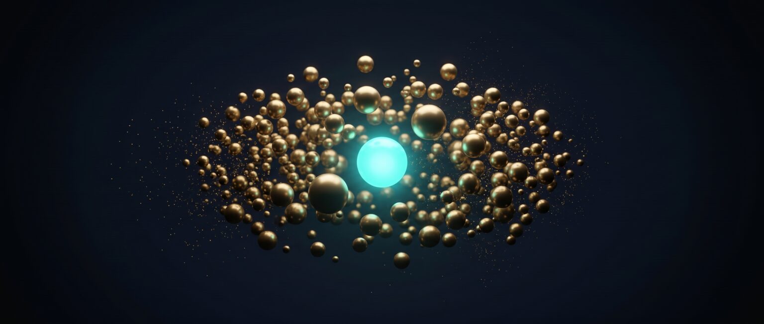 Swarm of gold spheres with one large turquoise sphere at the centre on dark blue, Evolve abstract article image