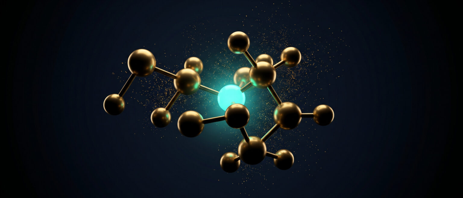 Gold ball-and-stick molecule with one turquoise atom on dark blue, Evolve pharmaceuticals image