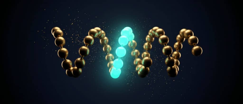 Twisting strand of gold beads with a turquoise section on dark blue, Evolve biotechnology image
