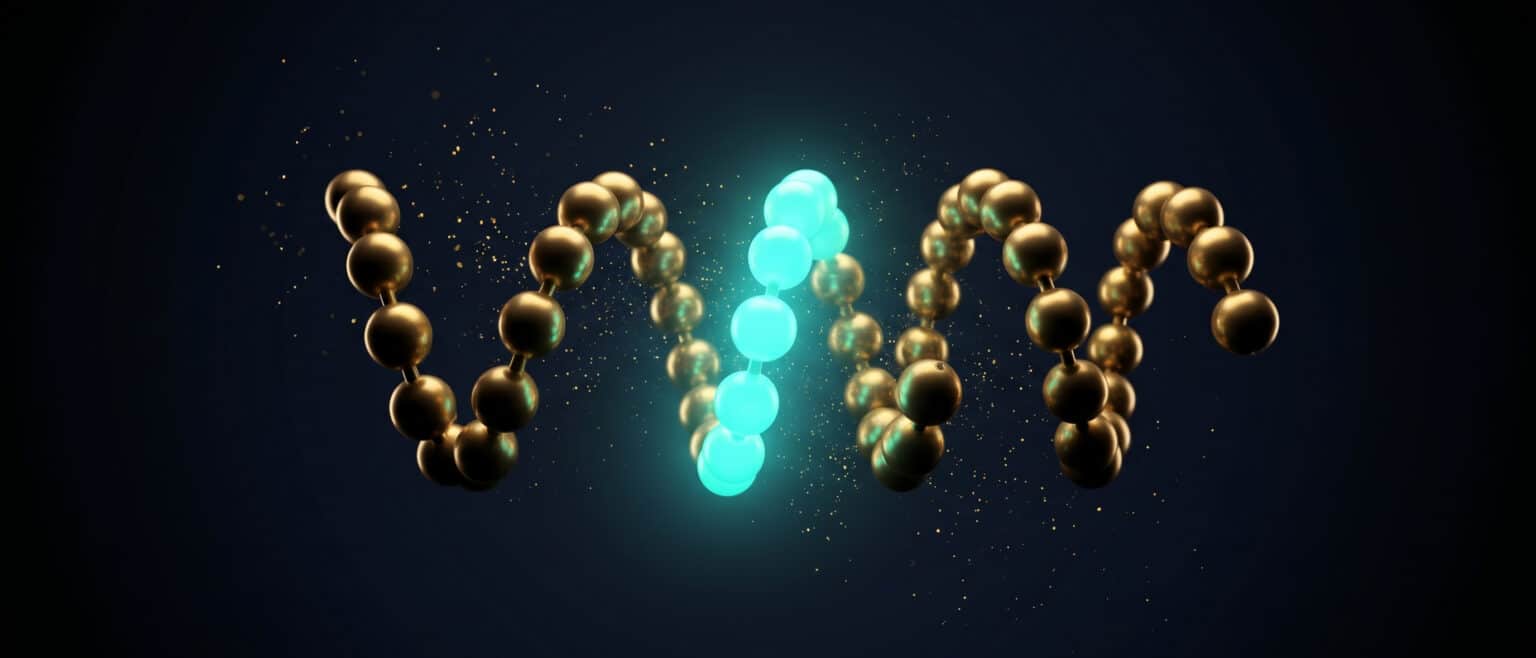 Twisting strand of gold beads with a turquoise section on dark blue, Evolve biotechnology image