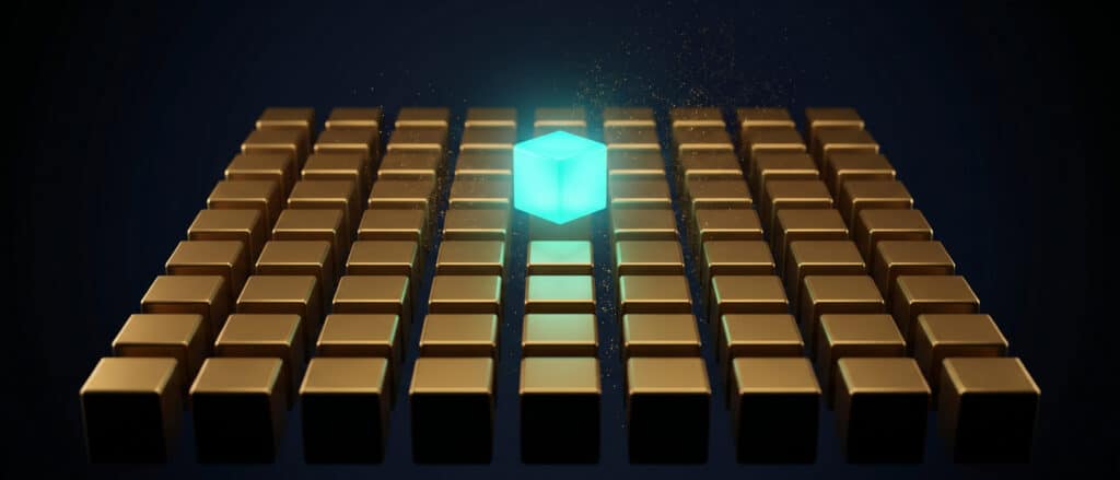 Grid of gold cubes with one turquoise cube lifted on dark blue, Evolve AI drug discovery image