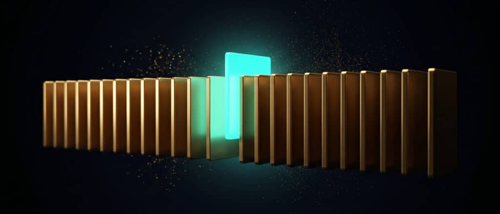 Row of gold panels with one turquoise panel inserted on dark blue, Evolve gene therapies image