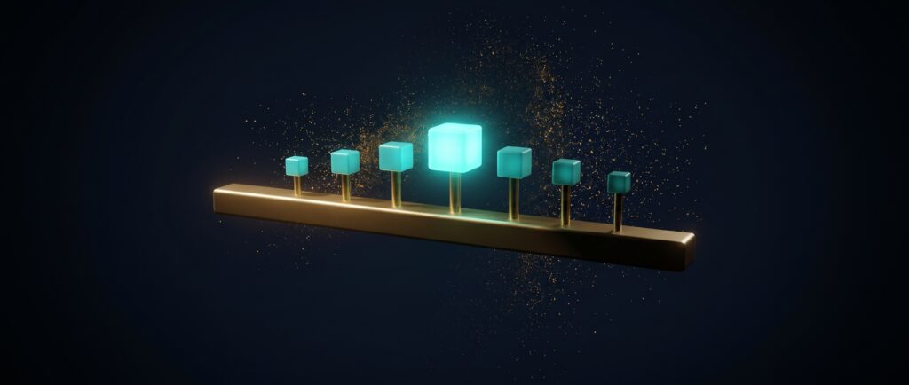 Gold bar carrying turquoise cubes on slender stalks on dark blue, Evolve abstract article image.