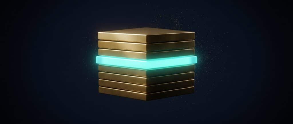 Stack of gold slabs with a glowing turquoise middle layer on dark blue, Evolve abstract article image.