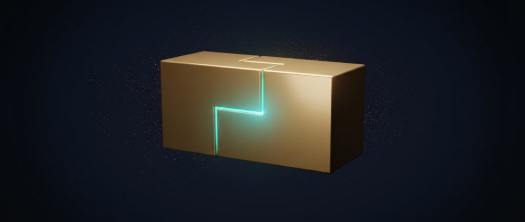 Gold block of two interlocking pieces with a turquoise joint on dark blue, Evolve abstract article image.