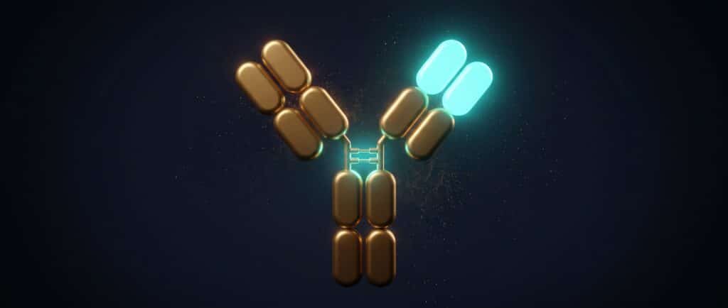 Gold antibody shape with one glowing turquoise arm tip on dark blue, Evolve abstract article image.