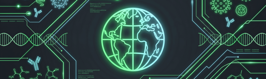 Neon globe on a circuit board, representing Evolve AI agent Popper for global patent prosecution